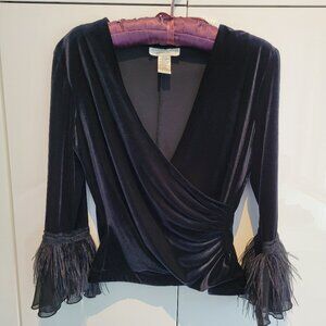 Vintage Jackie Jon Black Velvet Wrap Top with Ostrich Feathers Size M